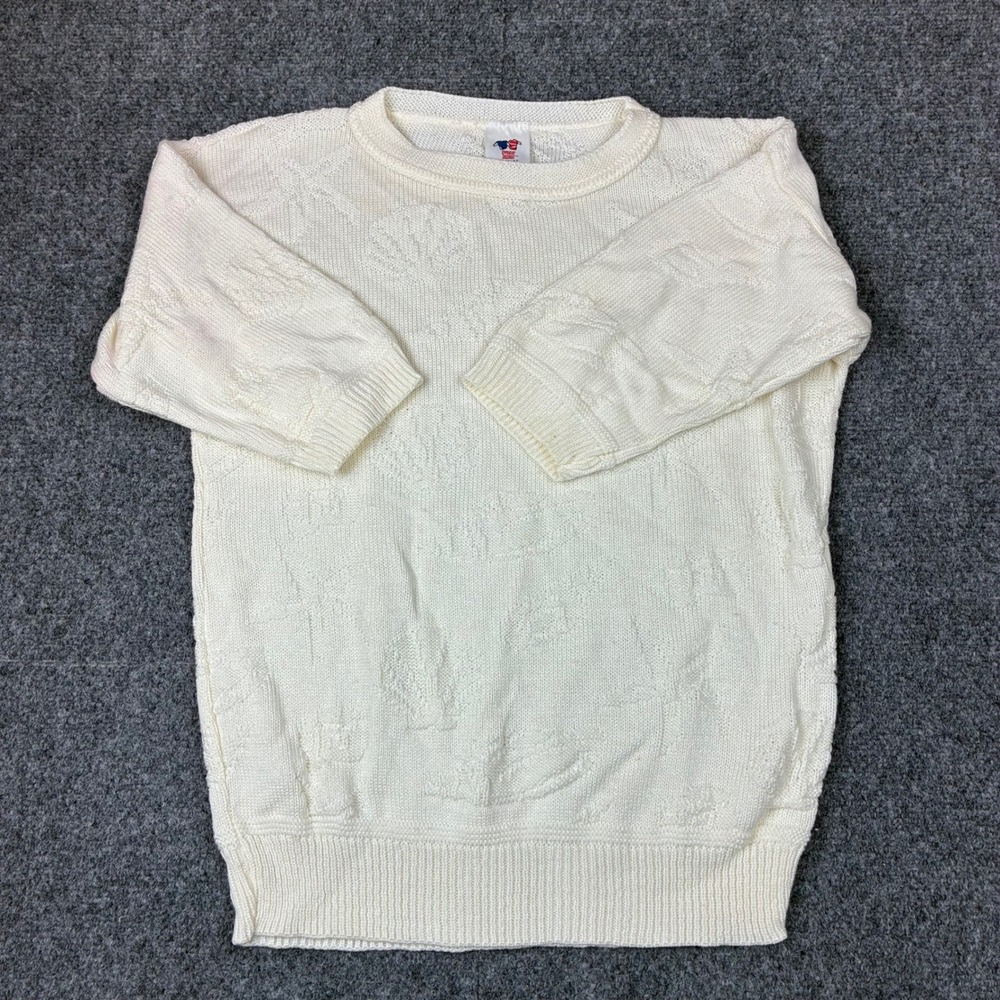 Vintage Sweater Bazaar Cream Shell Nautical Knit Top 3/4 Sleeve Made USA Small